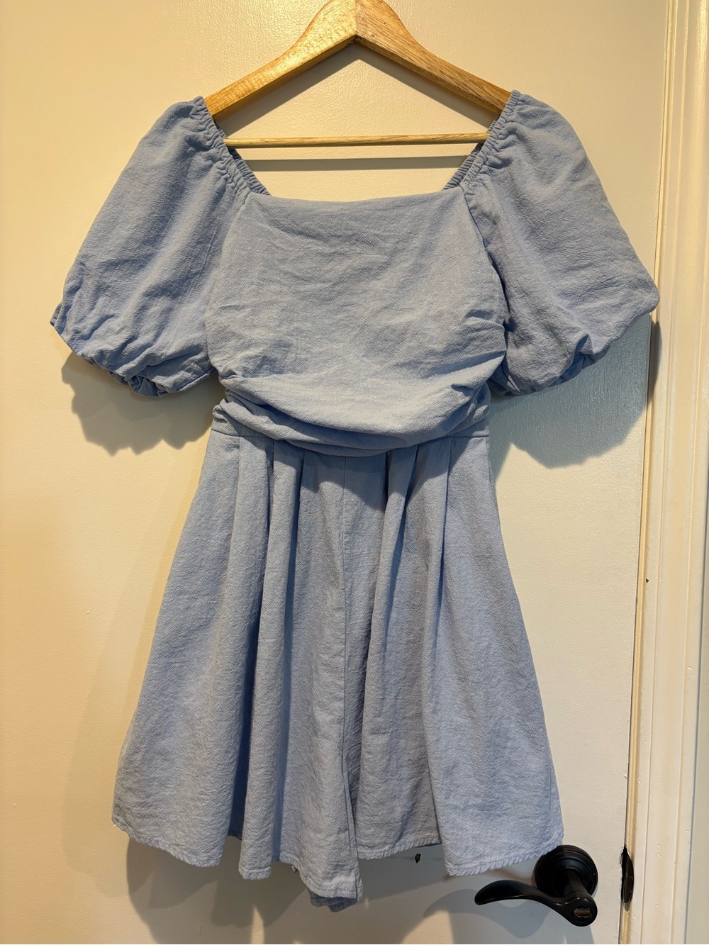 Coastal Cottagecore Soft Blue Cotton Smocked Back Romper Pockets Gathered Waist